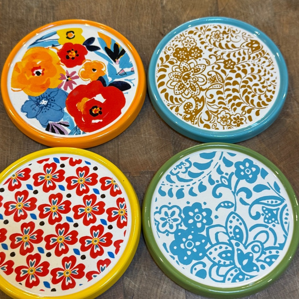 Pioneer Women Flea Market Colorful Ceramic Coasters Set of 4 Red Orange Blue